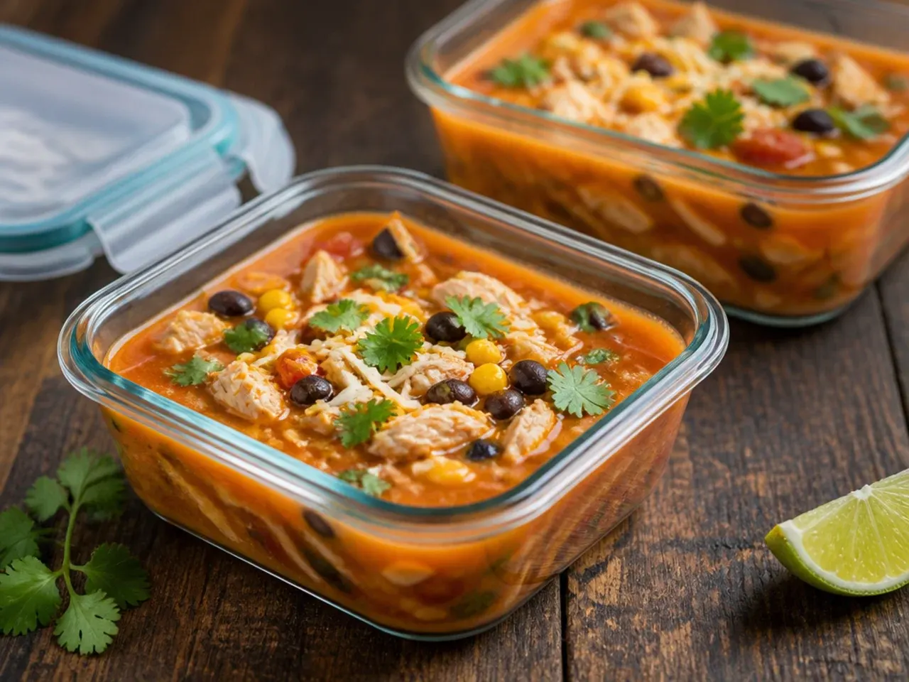 Airtight containers of chicken tortilla soup portioned for freezing and storage