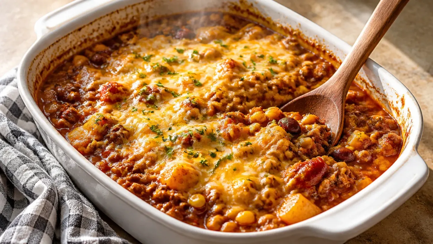 A slow cooker filled with bubbling cowboy casserole topped with golden tater tots and melted cheese