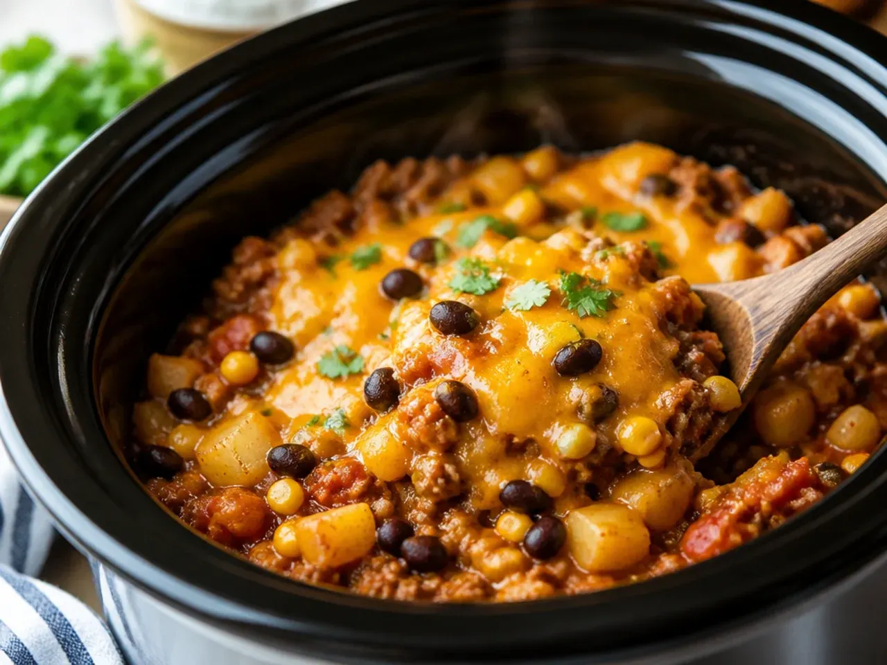 Overhead shot of a slow cooker cowboy casserole with a scoop taken out, showing beef, beans and melted cheese
