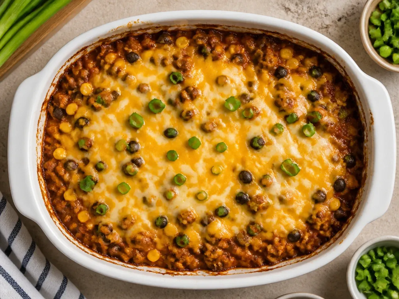 Classic slow cooker cowboy casserole with tater tots and melted cheddar on top