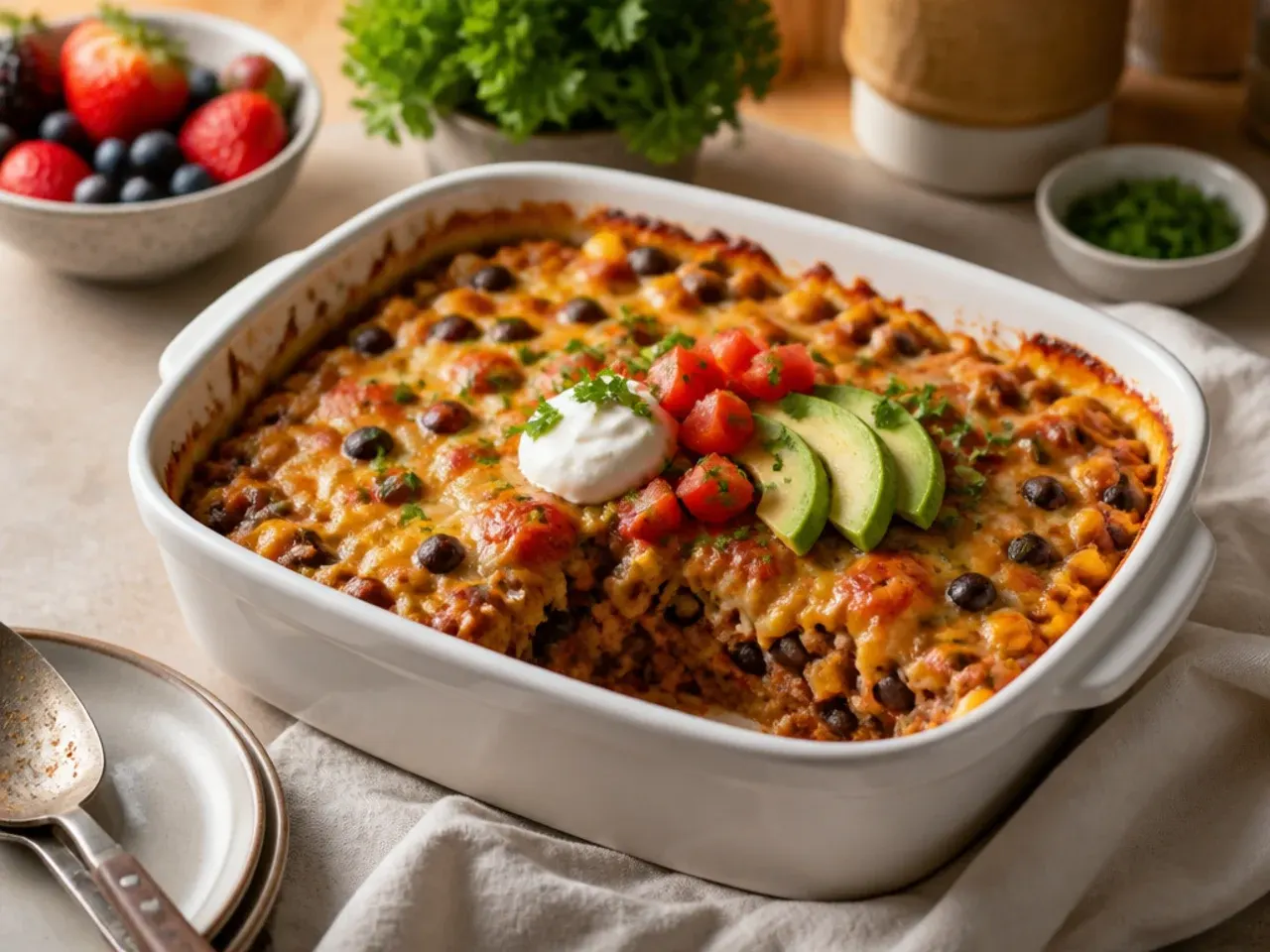 Simple four-ingredient slow cooker cowboy casserole in a white slow cooker pot
