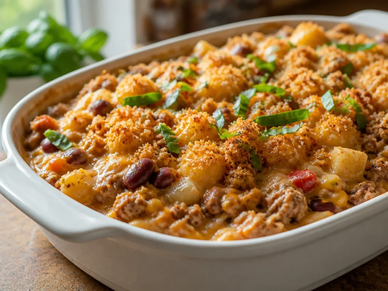 Creamy slow cooker cowboy casserole with a smooth, rich sauce visible under the tater tots