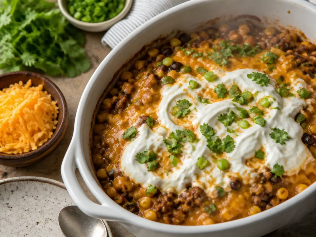 Loaded slow cooker cowboy casserole topped with bacon, jalapeños and spring onion