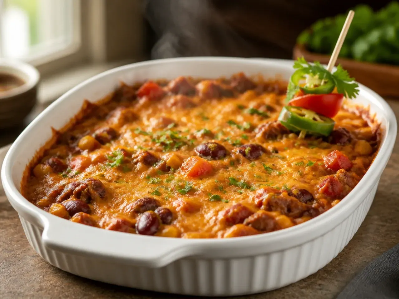 Best-ever slow cooker cowboy casserole with layers of cheese, beef and tater tots