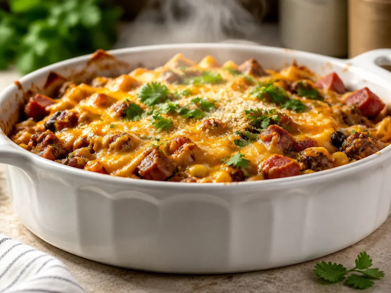 Extra cheesy slow cooker cowboy casserole with a thick, melted cheese topping
