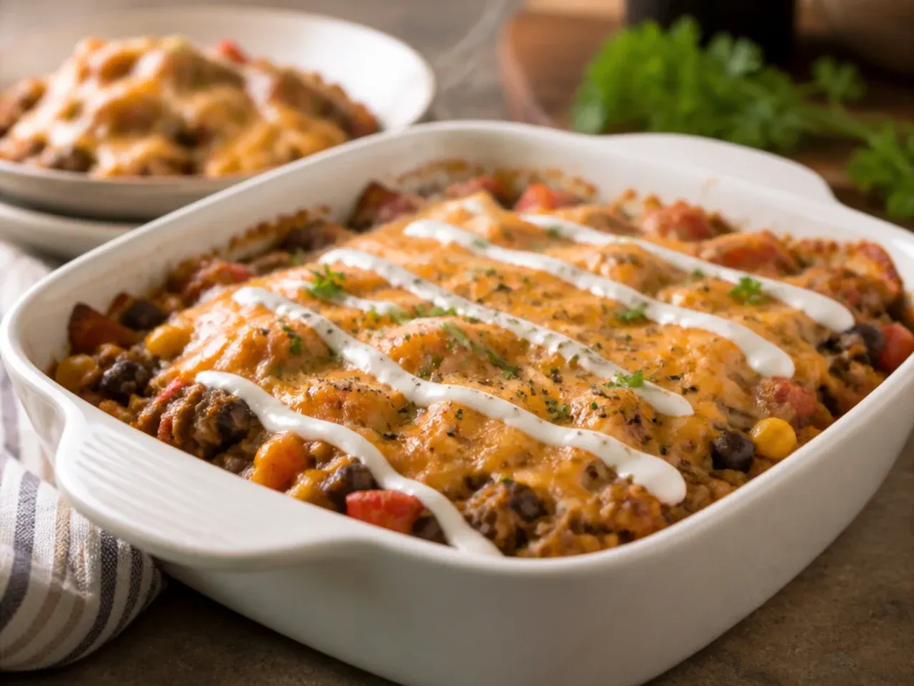 Large crowd-size slow cooker cowboy casserole ready to serve at a gathering