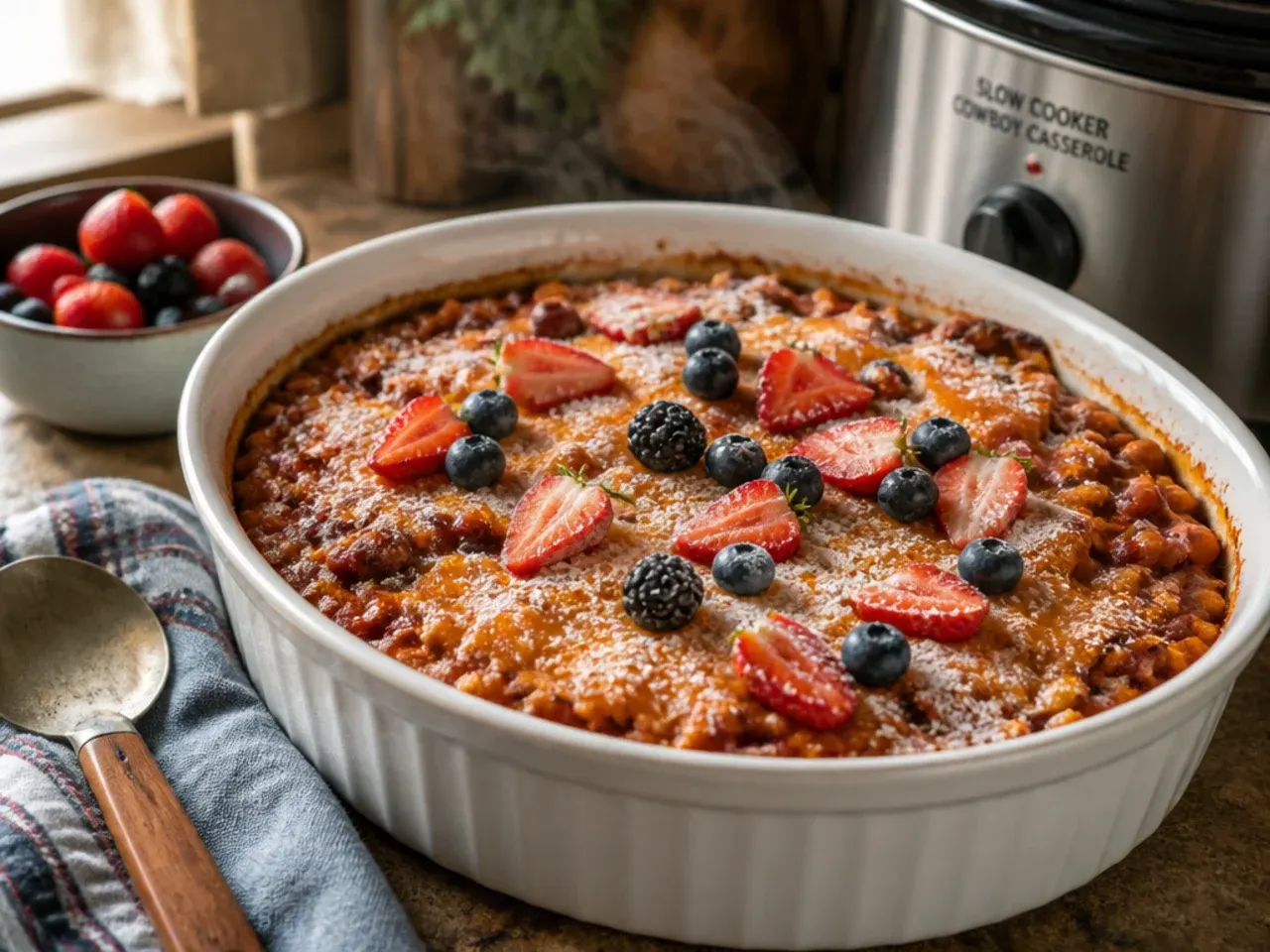 Family-friendly mild slow cooker cowboy casserole served in bowls