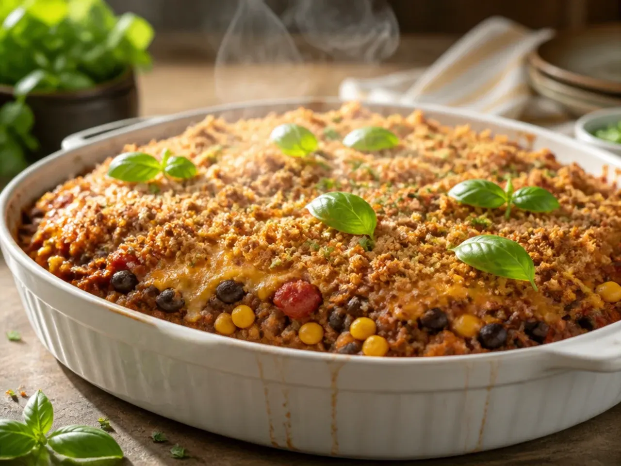 Festive slow cooker cowboy casserole garnished with red and green peppers