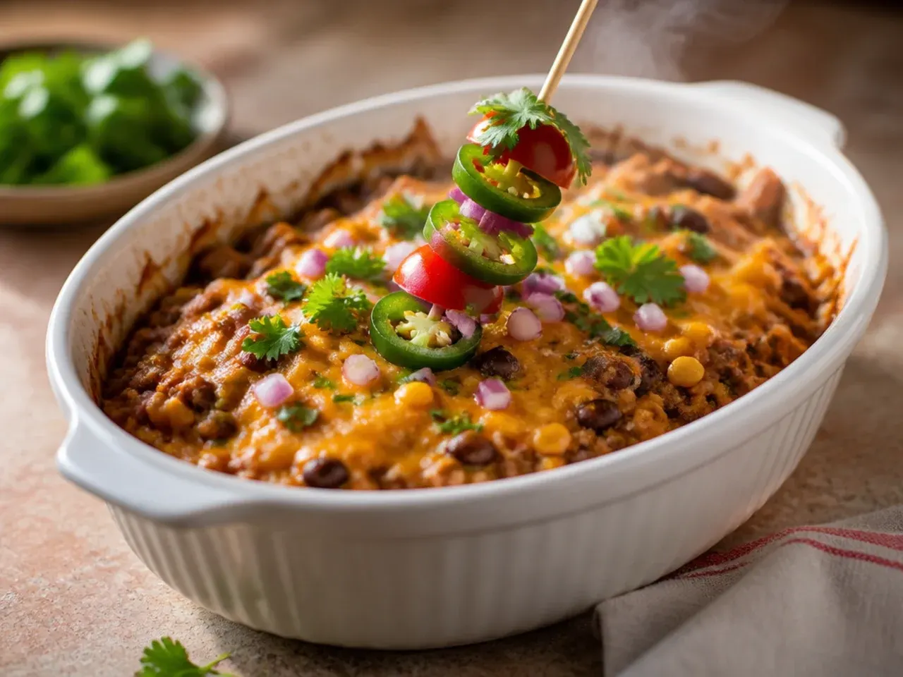Slow cooker cowboy casserole topped with homemade, from-scratch tater tots