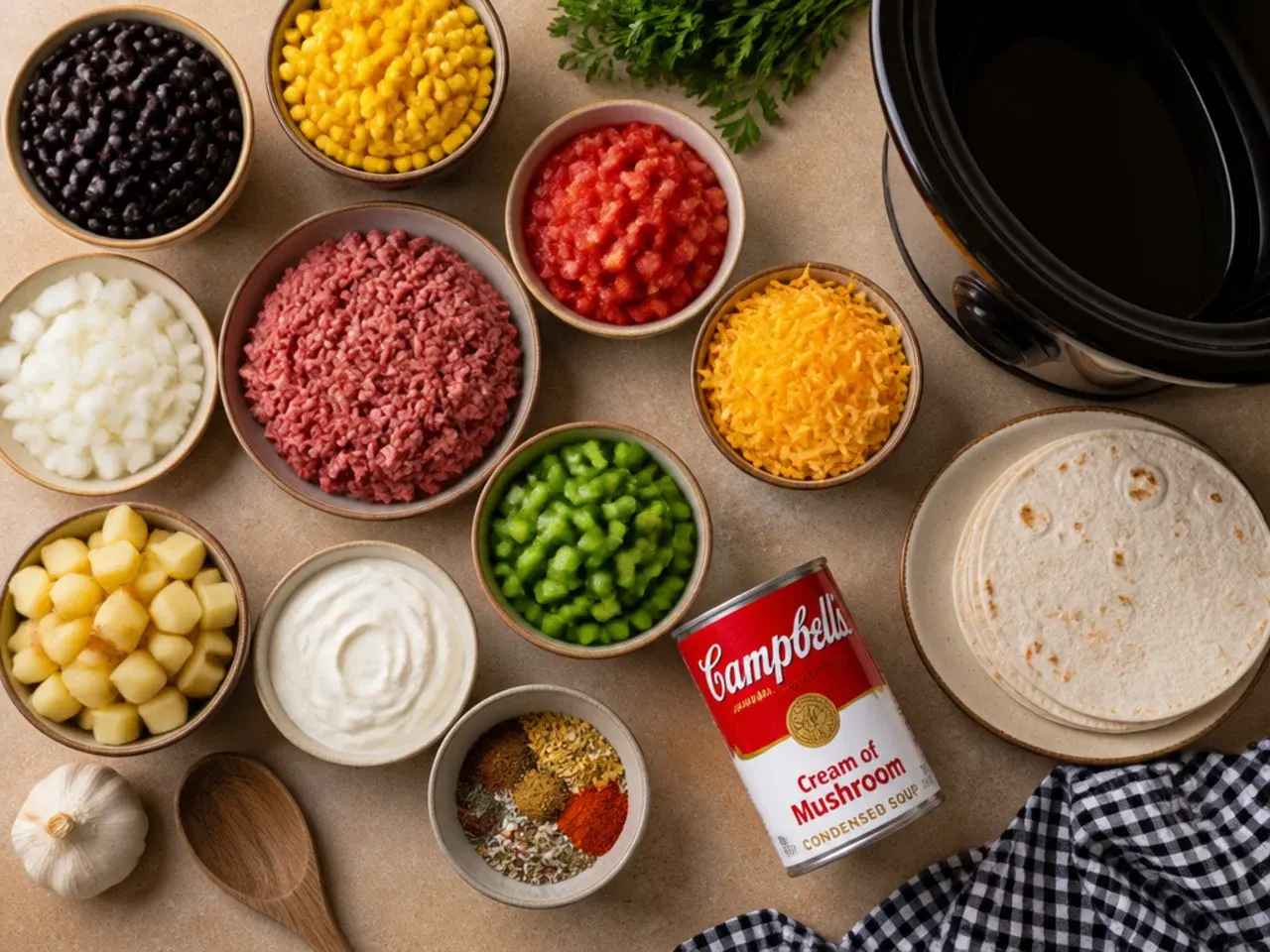 Close-up of golden tater tots being layered on top of a slow cooker cowboy casserole