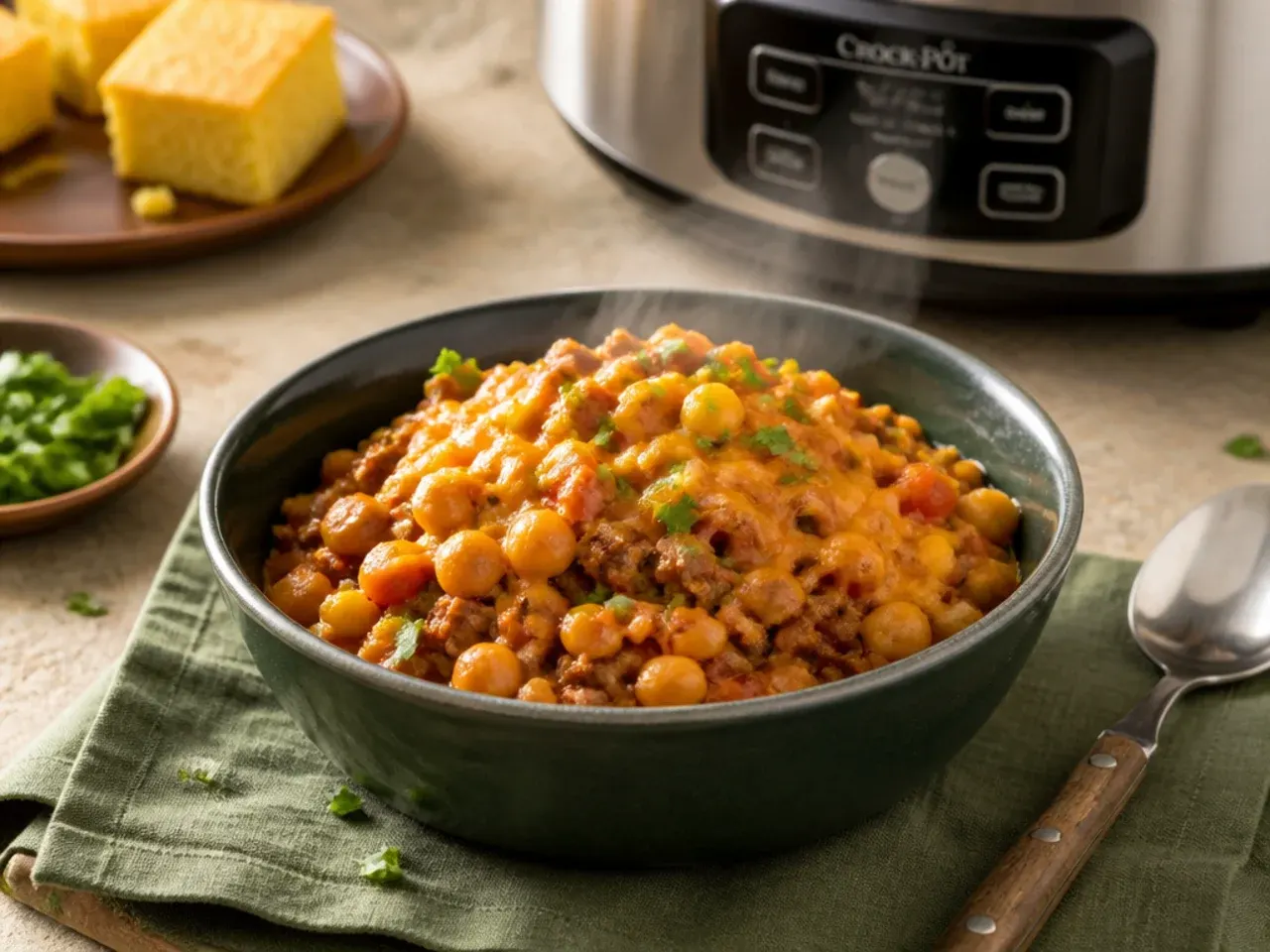 Bowl of slow cooker cowboy casserole served with a side salad and soured cream