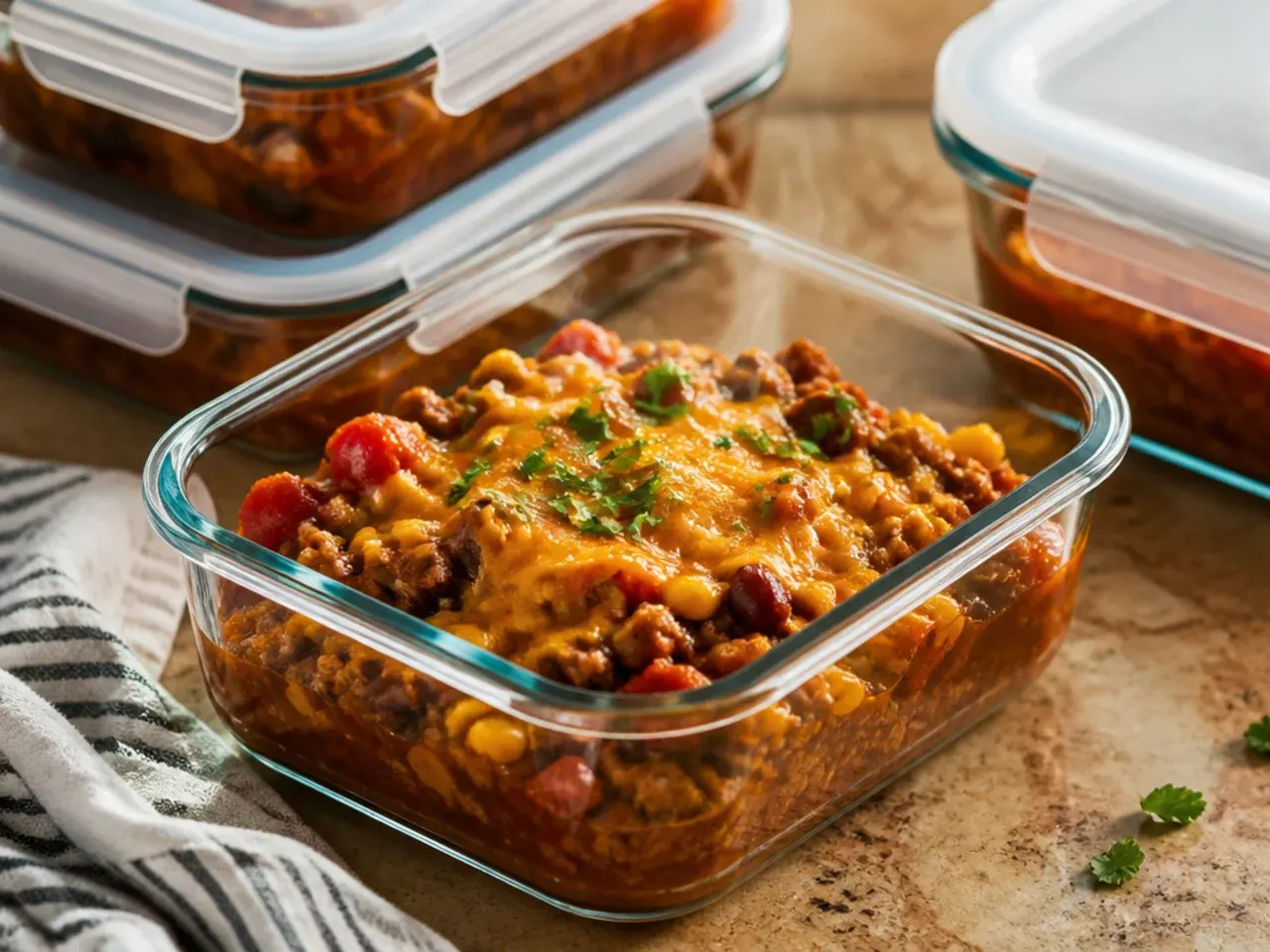 Airtight container of leftover slow cooker cowboy casserole ready to be refrigerated