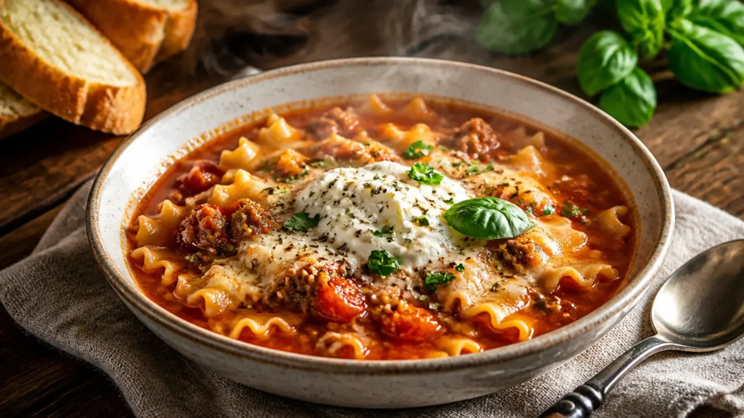 Bowl of slow cooker lasagna soup topped with ricotta, melted mozzarella and fresh basil, with broken lasagna noodles visible in a rich tomato broth