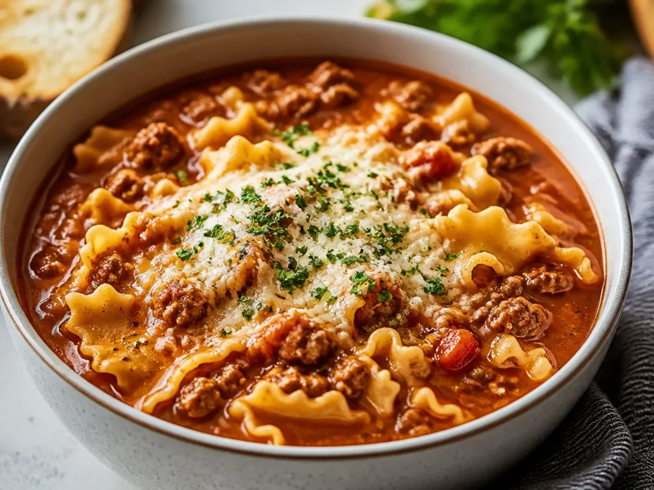 Overhead shot of a slow cooker filled with lasagna soup, broken noodles and melted cheese pull visible
