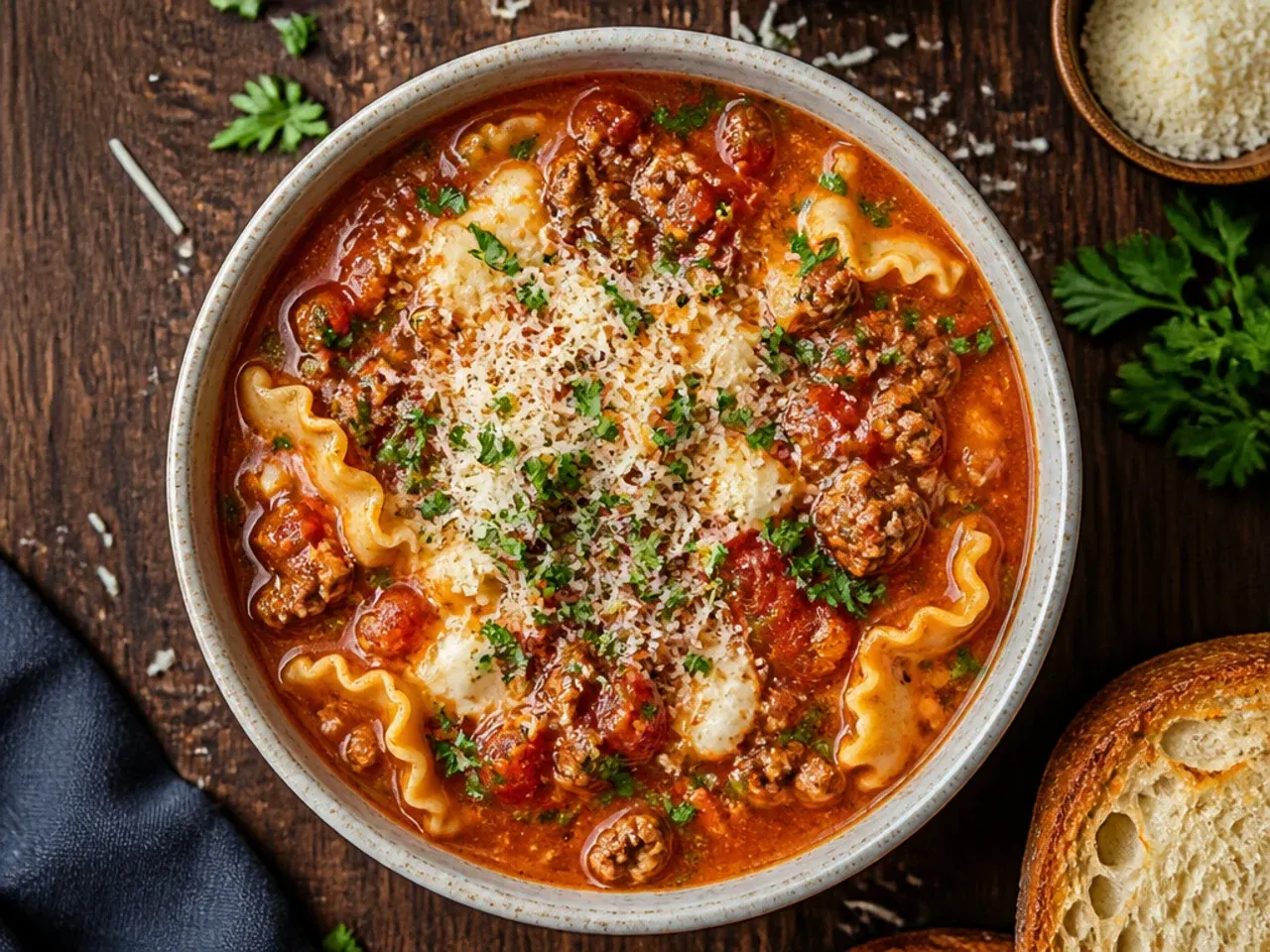 Close-up of classic beef and Italian sausage lasagna soup in a white bowl with basil garnish