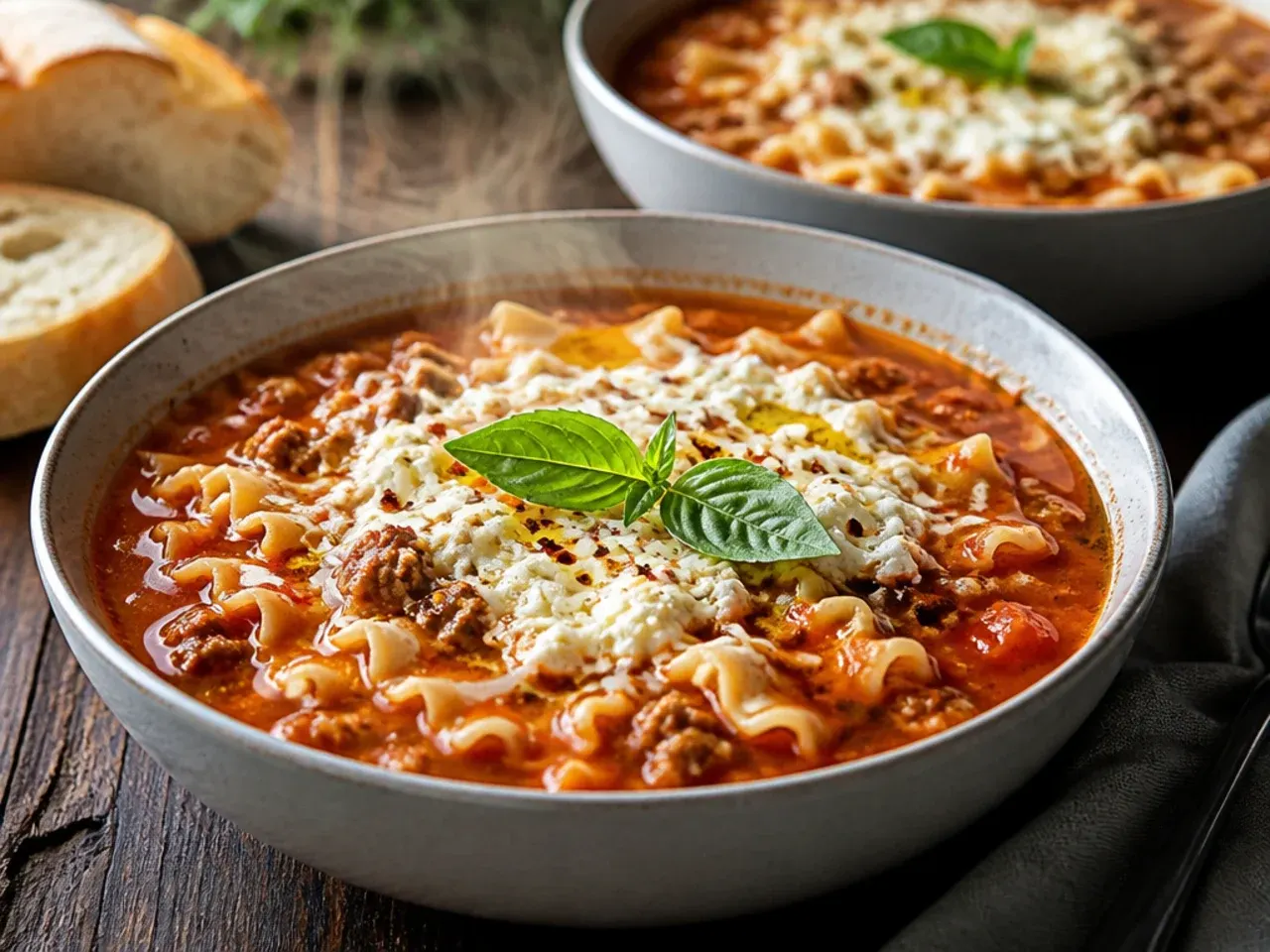 Simple pantry-ingredient lasagna soup with shredded cheese blend melting on top