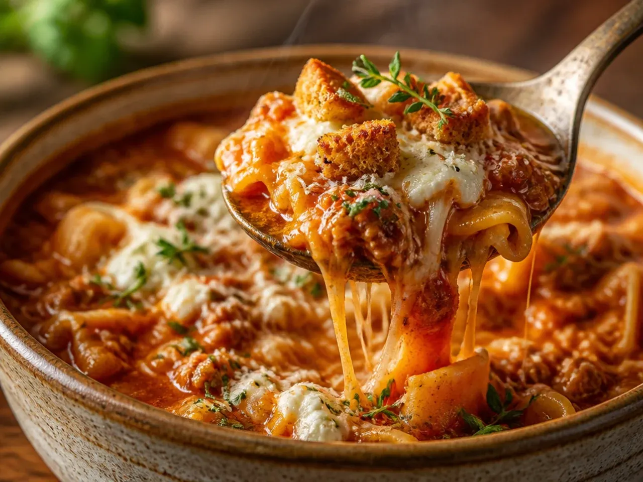 Bowl of hearty three-cheese lasagna soup with a thick ricotta dollop on top