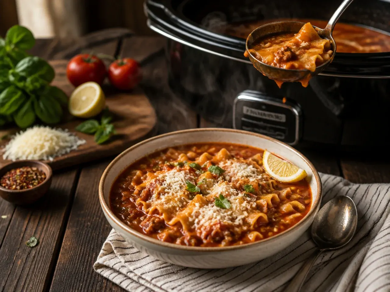 Steaming bowl of fire-roasted tomato lasagna soup on a wooden table