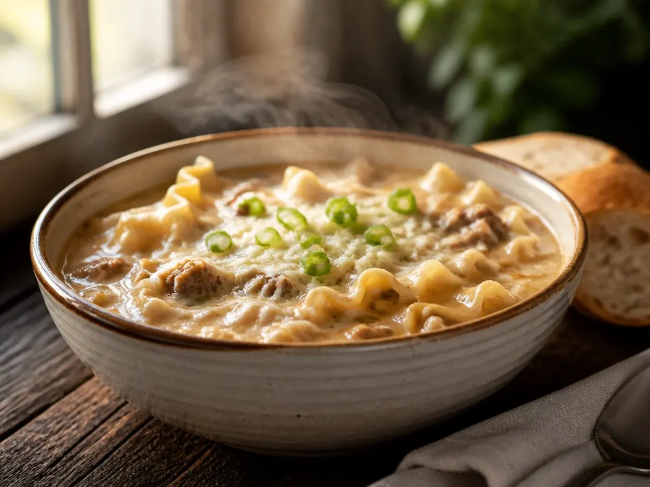 Creamy white lasagna soup with shredded chicken and spinach in a rustic bowl