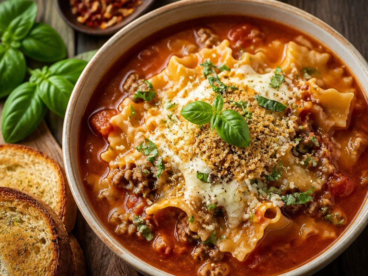 Ground turkey lasagna soup in a bowl with a light broth and fresh basil