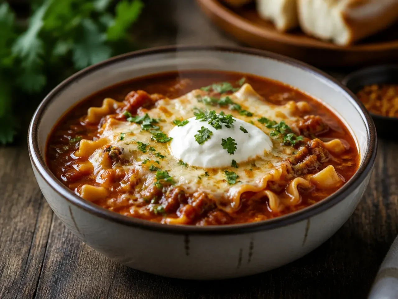 Individual crocks of lasagna soup with golden bubbling cheese topping fresh from the grill