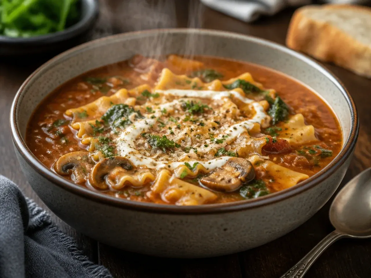 Comforting mushroom and spinach lasagna soup with wilted greens and mushroom slices