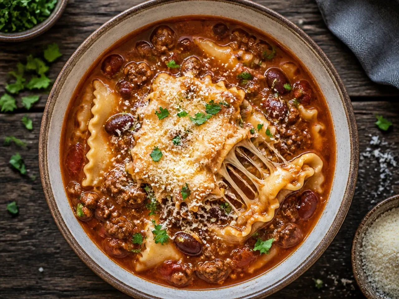 Budget-friendly lasagna soup with beans and beef in a large ladle over the pot