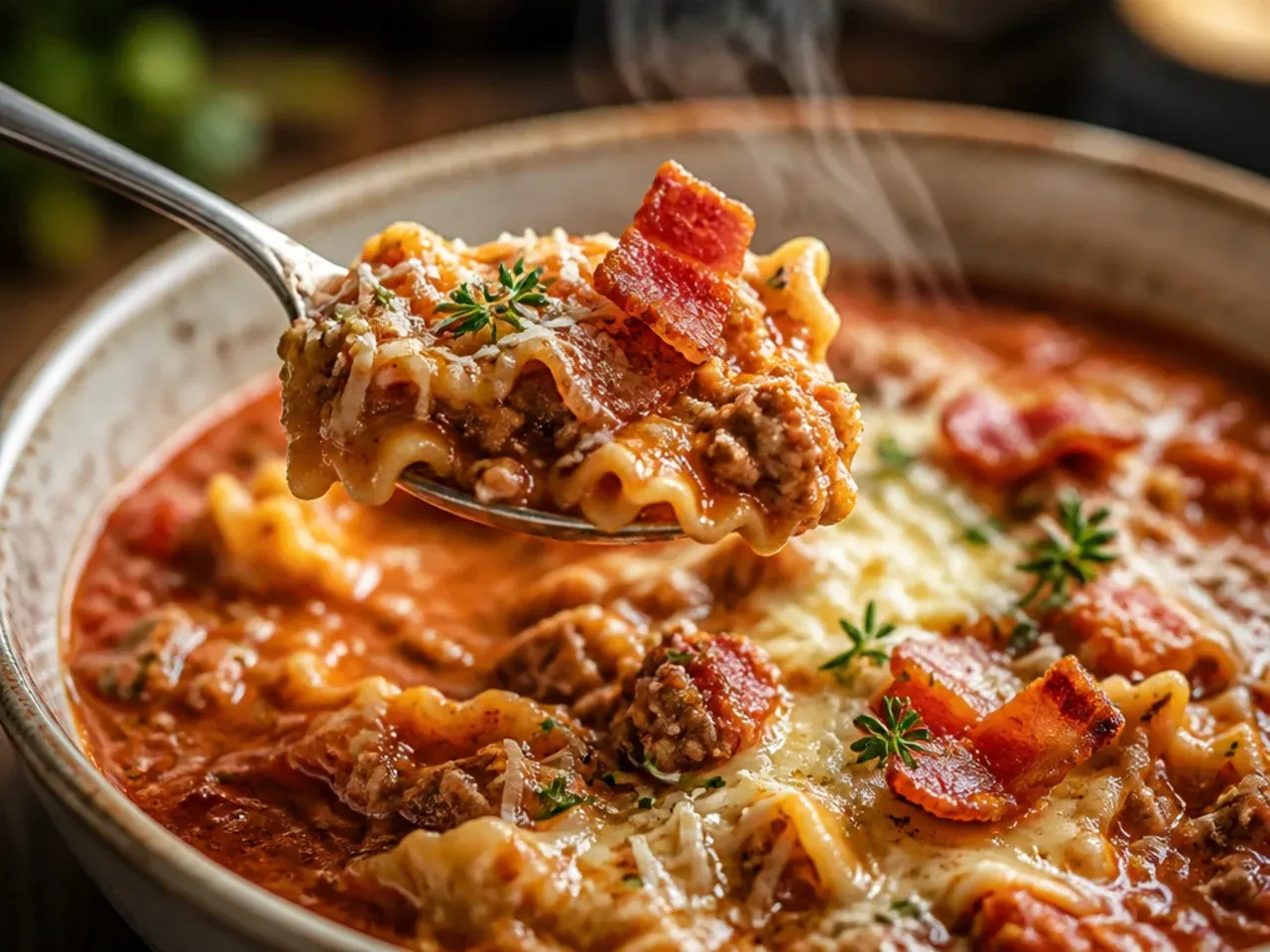 Rustic lasagna soup topped with crispy bacon bits and roasted garlic