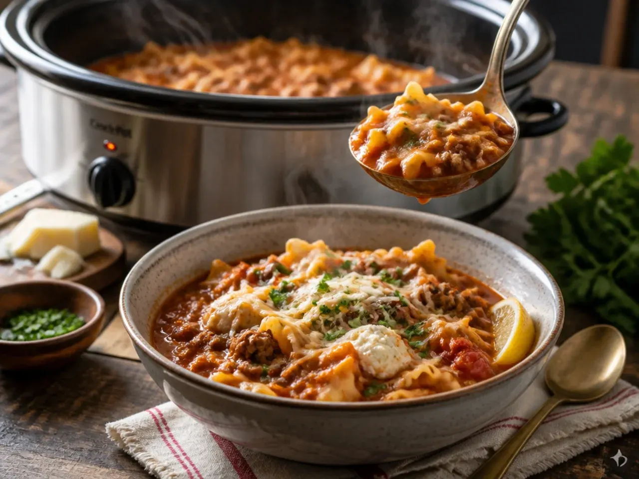 Loaded lasagna soup with whole meatballs and broken lasagna noodles in tomato broth