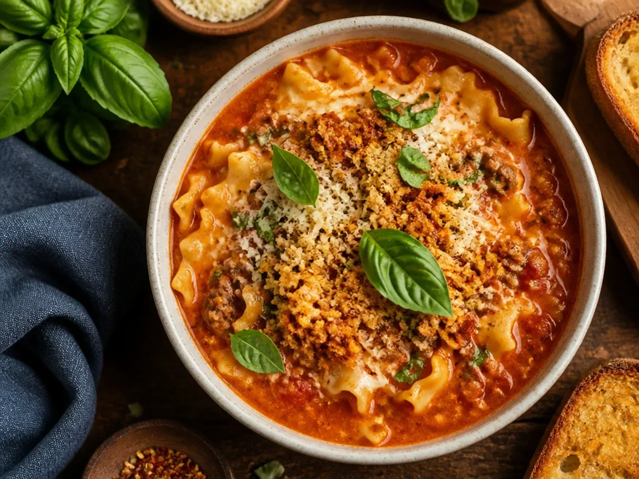 Rich, slow-simmered lasagna soup with a deep red broth in a rustic bowl