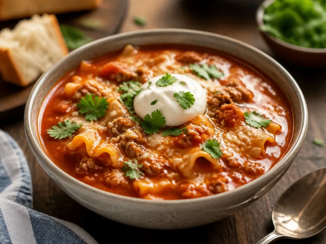 One-pot stovetop lasagna soup simmering in a Dutch oven