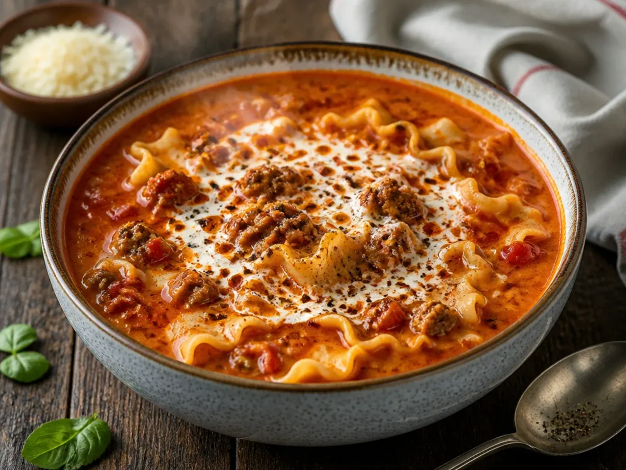 Spicy lasagna soup with red chilli flakes and a swirl of ricotta on top