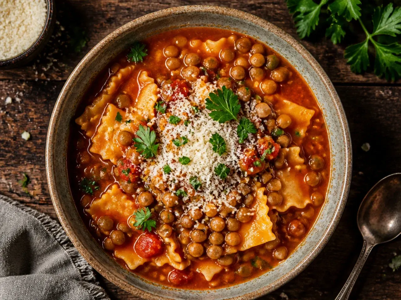Vegetarian lentil lasagna soup with lentils and pasta in a light tomato broth