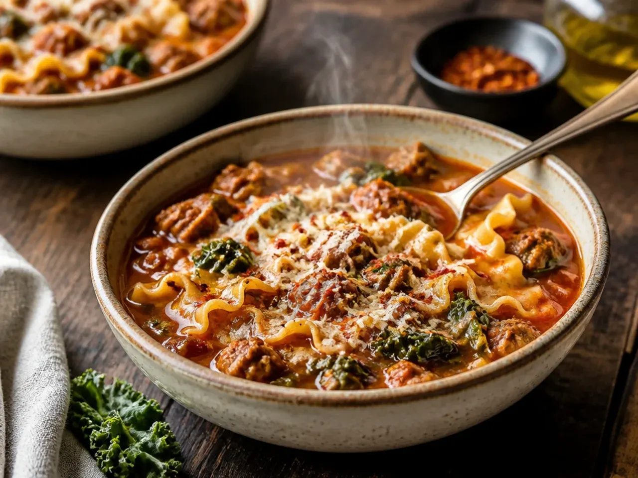 Hearty sausage and kale lasagna soup with dark greens throughout the broth