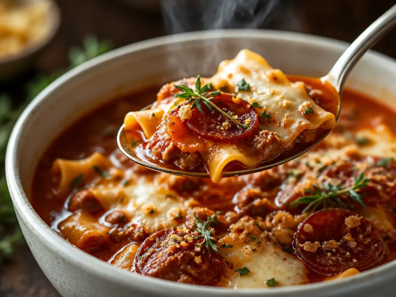 Smoky chorizo lasagna soup with a paprika-red broth in a ceramic bowl