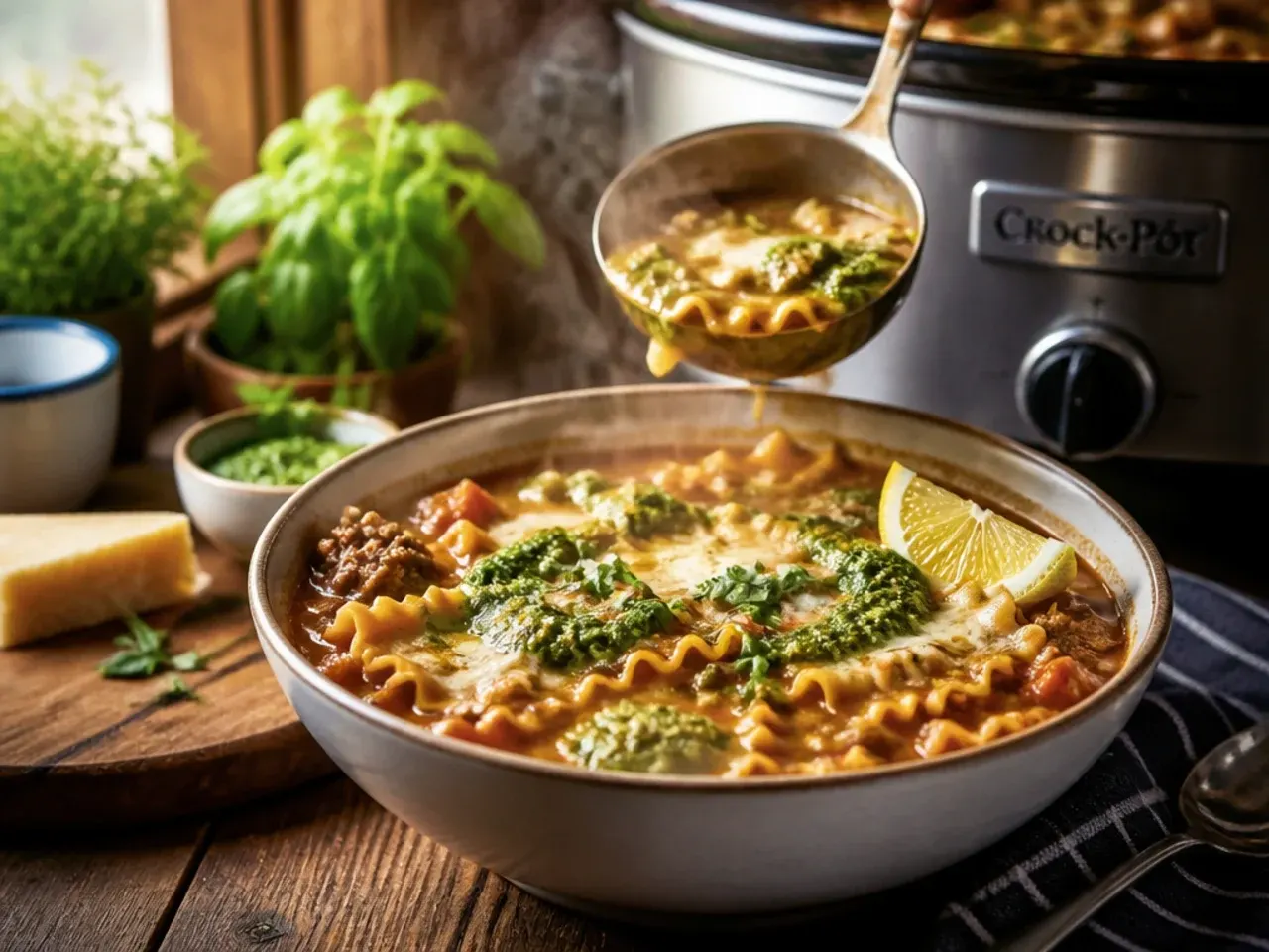 Lasagna soup with a swirl of green basil pesto through the ricotta topping