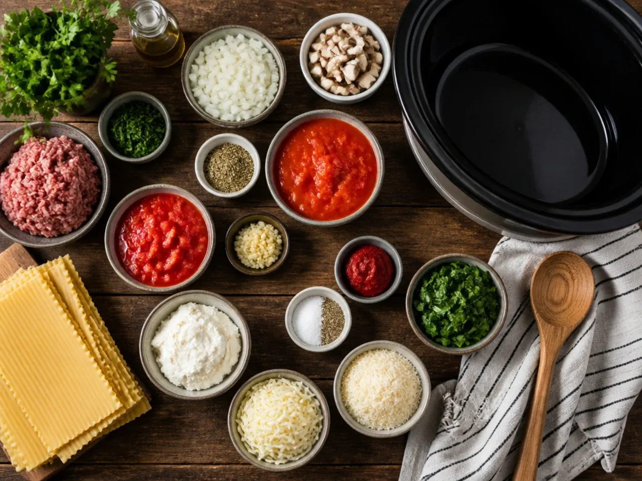 Overhead flat lay of lasagna soup ingredients including noodles, cheese, and tomatoes with hands stirring the pot