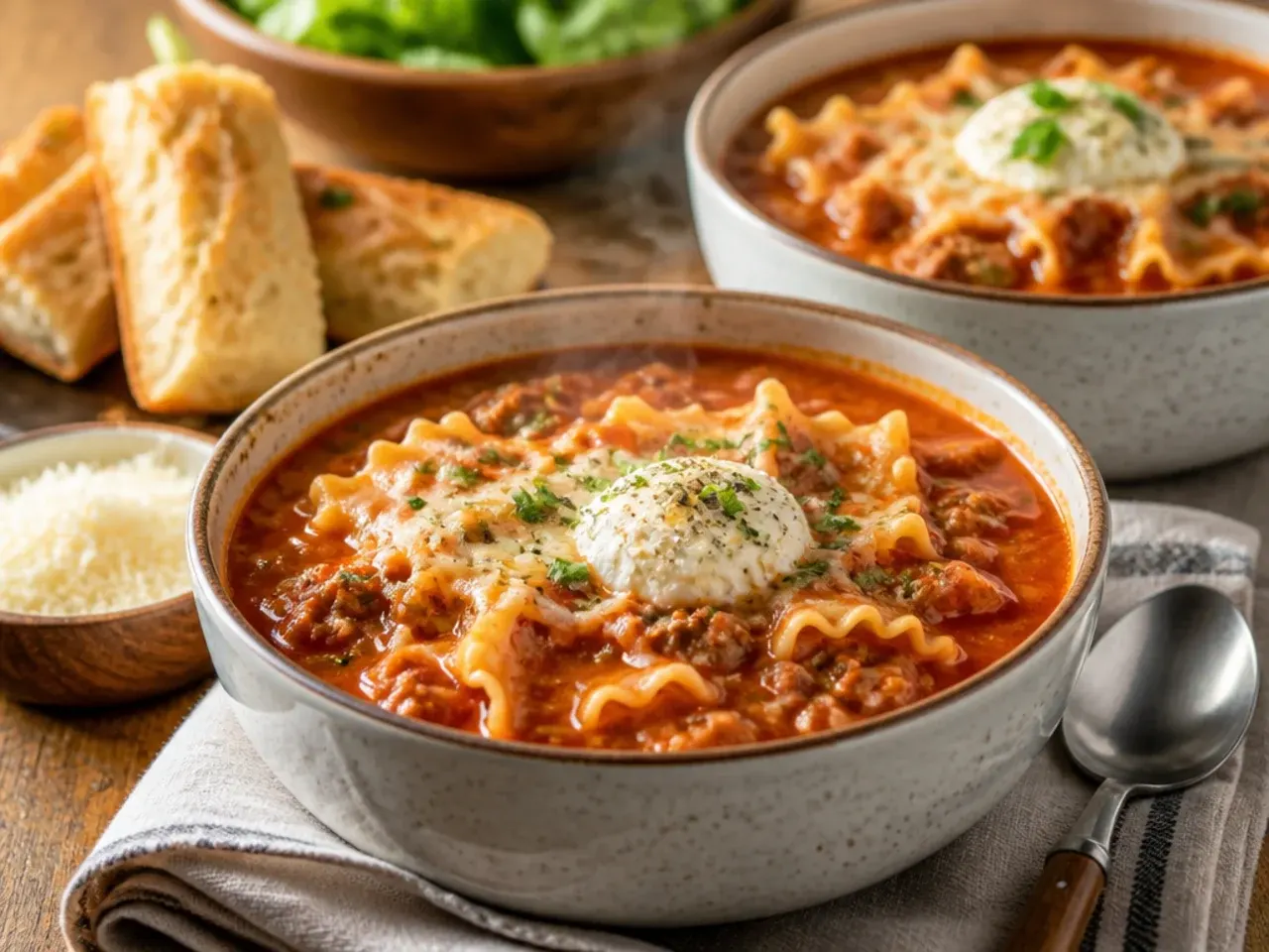 Table set with bowls of lasagna soup, garlic bread and a side salad