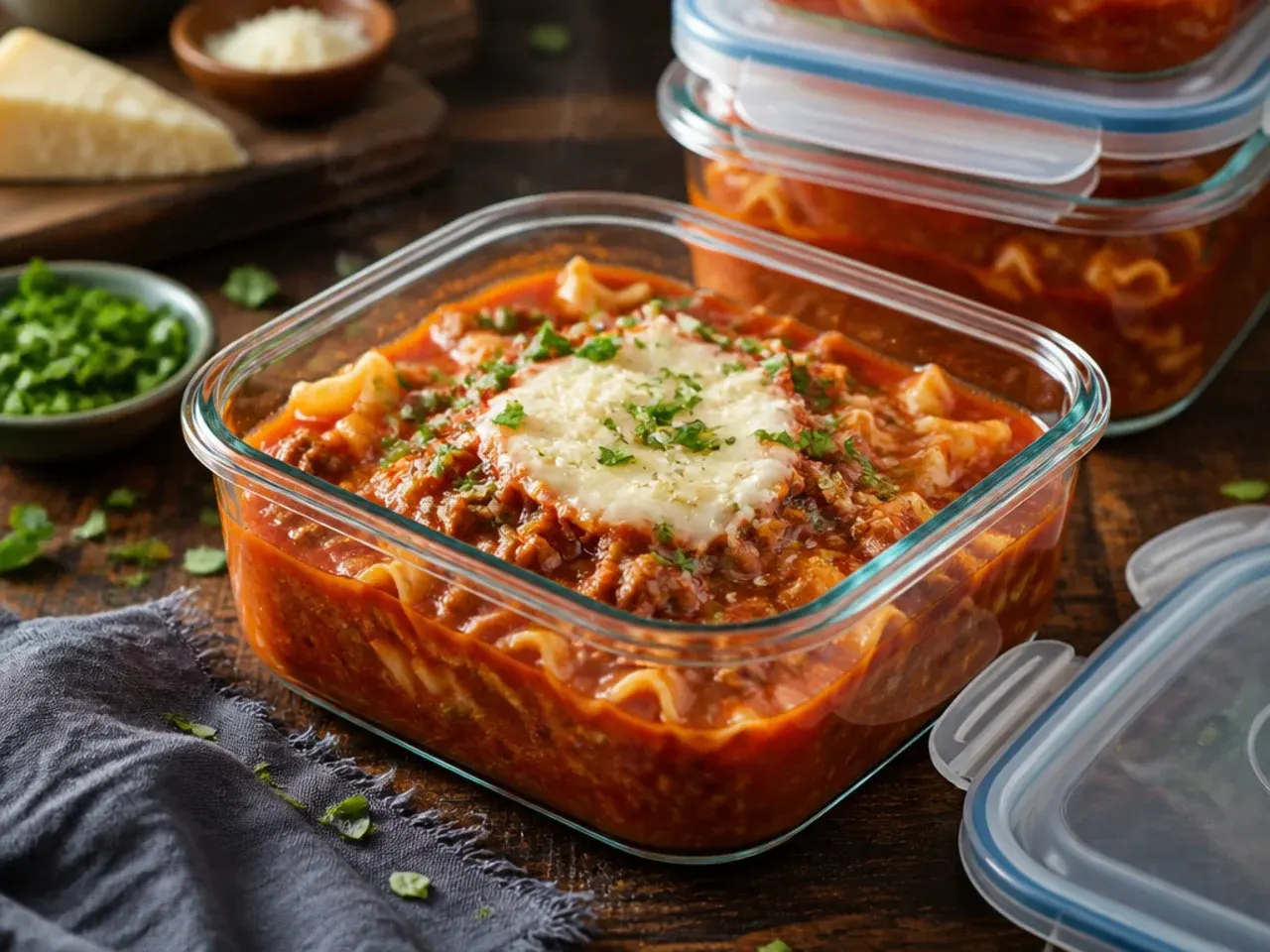 Lasagna soup leftovers stored in glass containers ready for the fridge or freezer