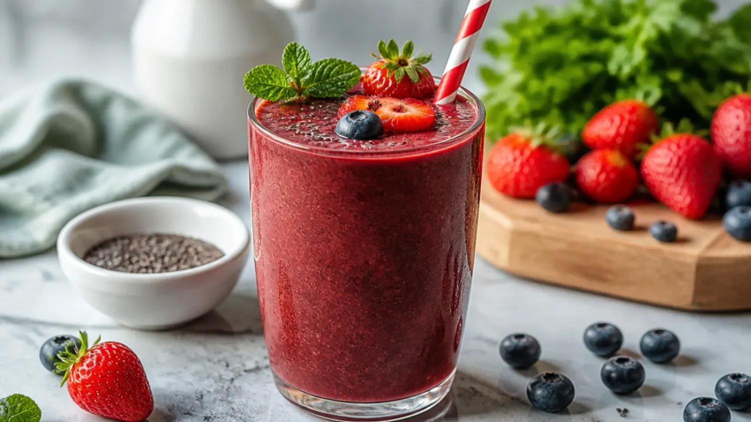 Colourful spread of healthy breakfast smoothies in glasses topped with fresh fruit, granola and seeds