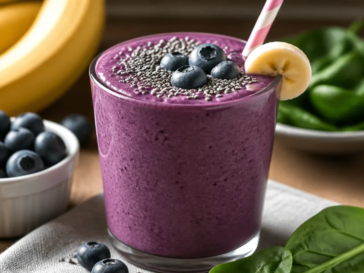 Colourful row of healthy breakfast smoothies in glasses topped with fresh fruit and granola