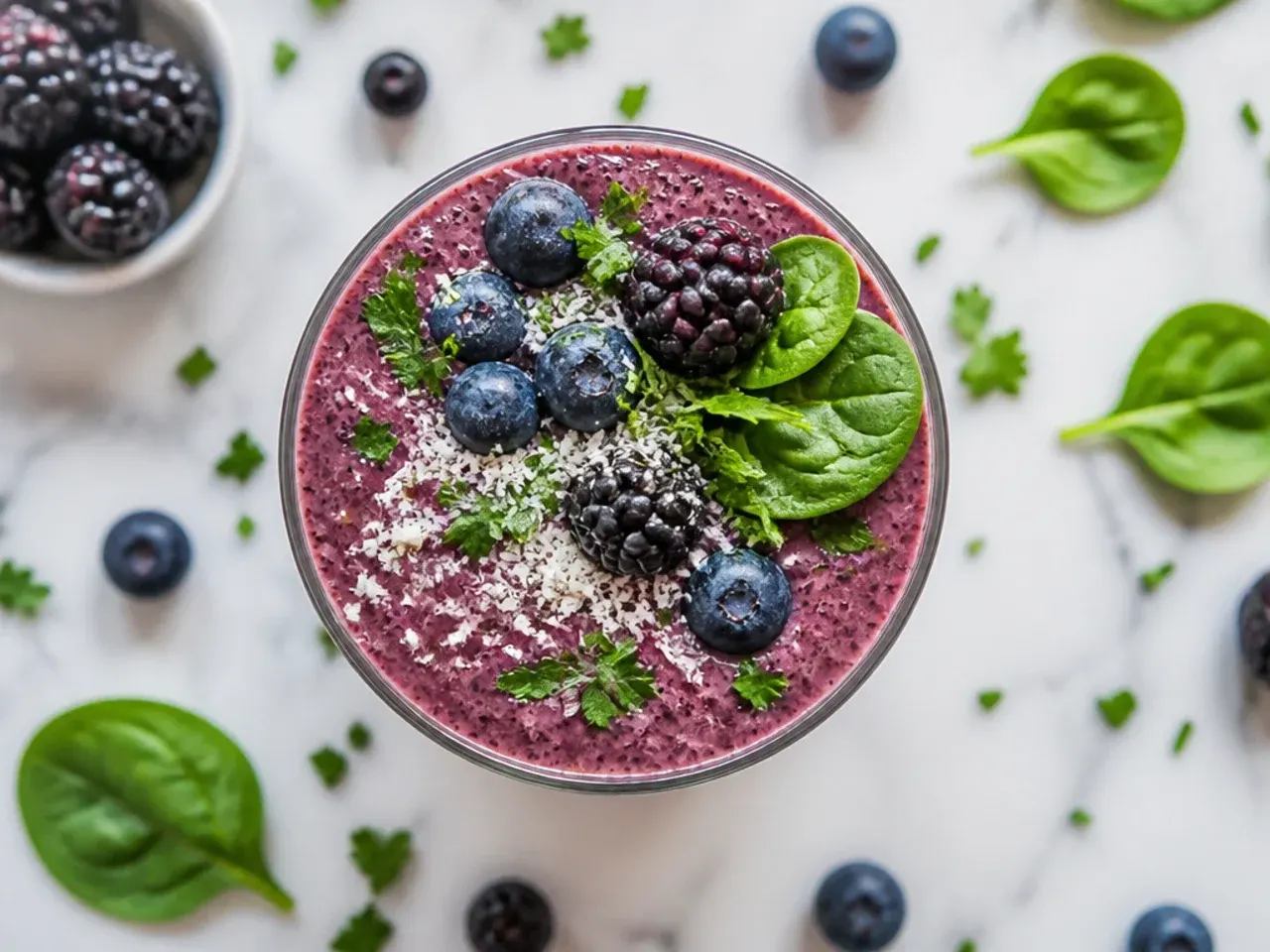Spinach and mixed berry smoothie in a glass jar with a striped straw