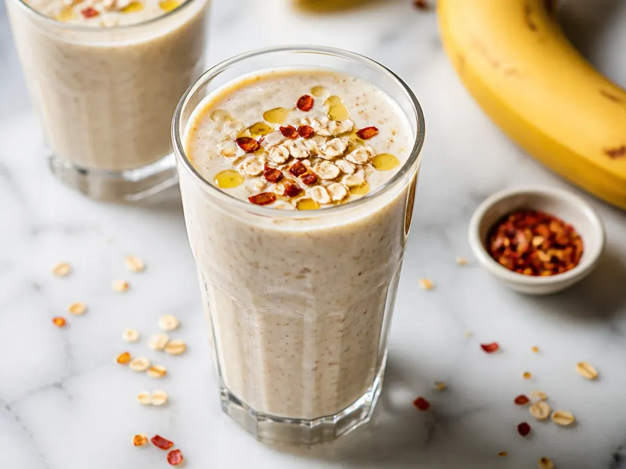 Simple banana oat smoothie in a tall glass on a wooden breakfast table