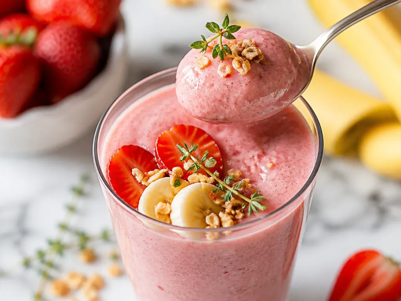 Bright pink strawberry banana smoothie garnished with a fresh strawberry on the rim