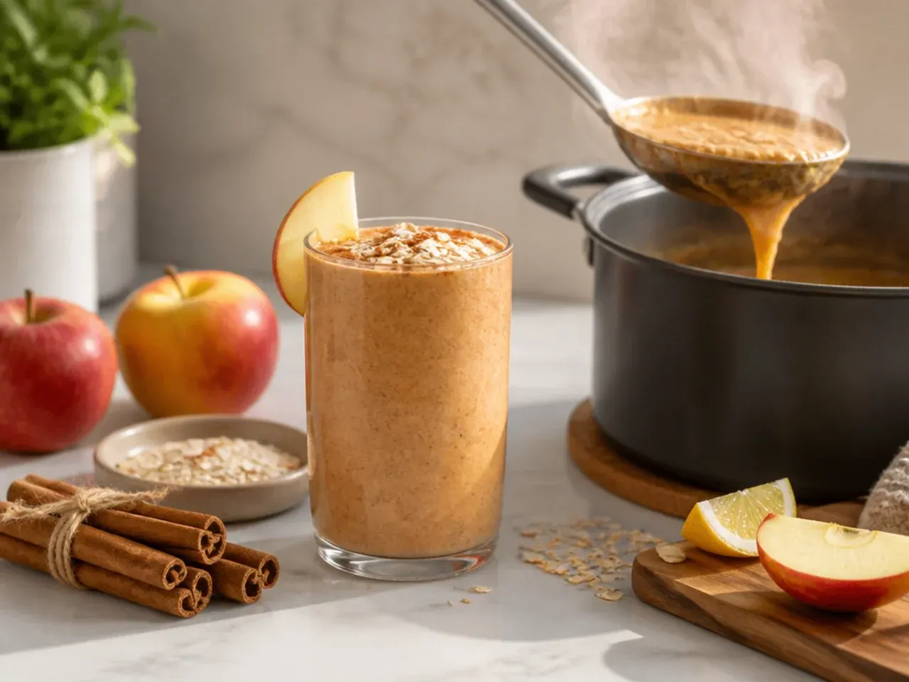Spiced apple and cinnamon smoothie in a mug with a cinnamon stick garnish