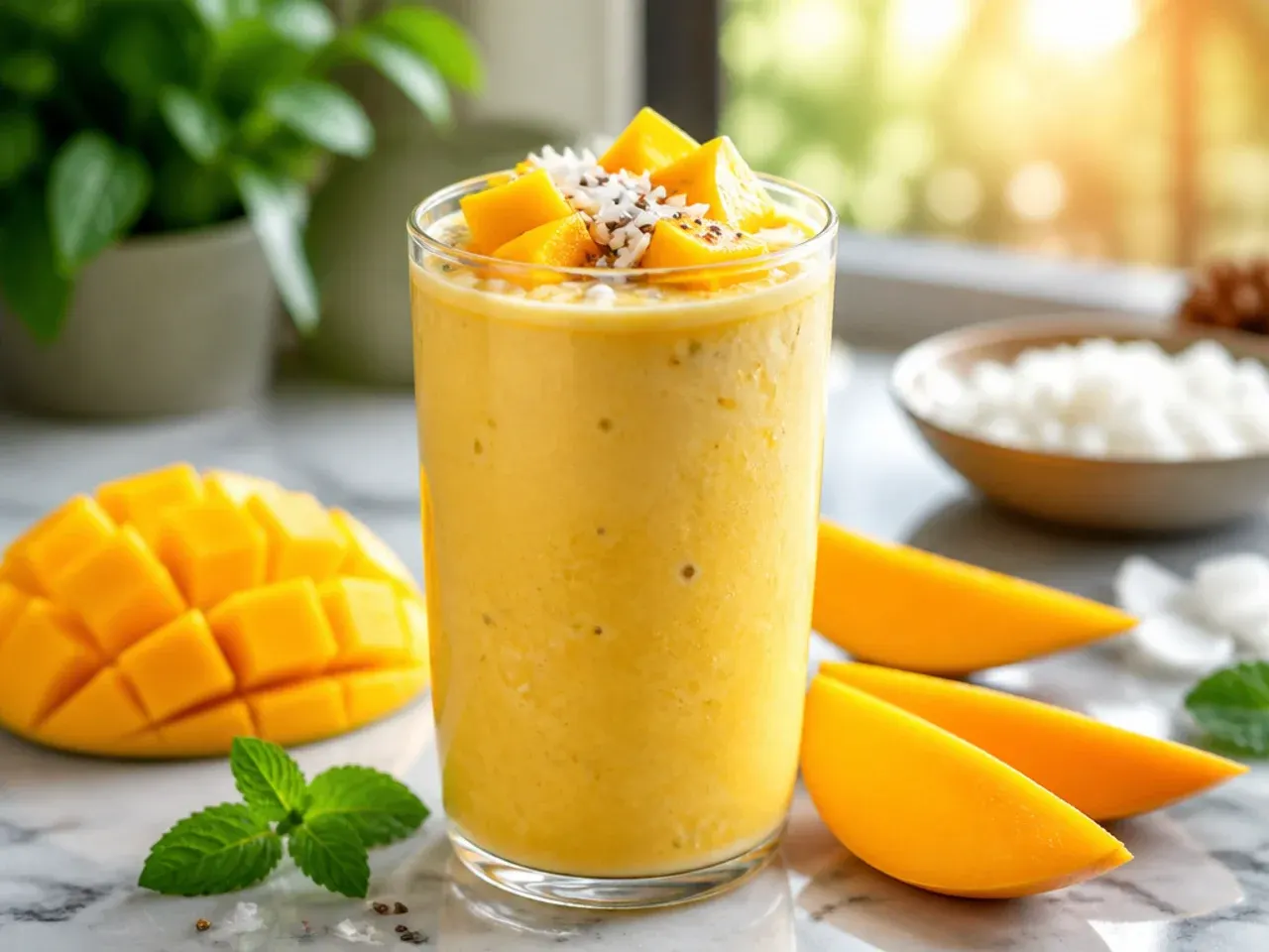 Creamy mango coconut smoothie topped with toasted coconut flakes
