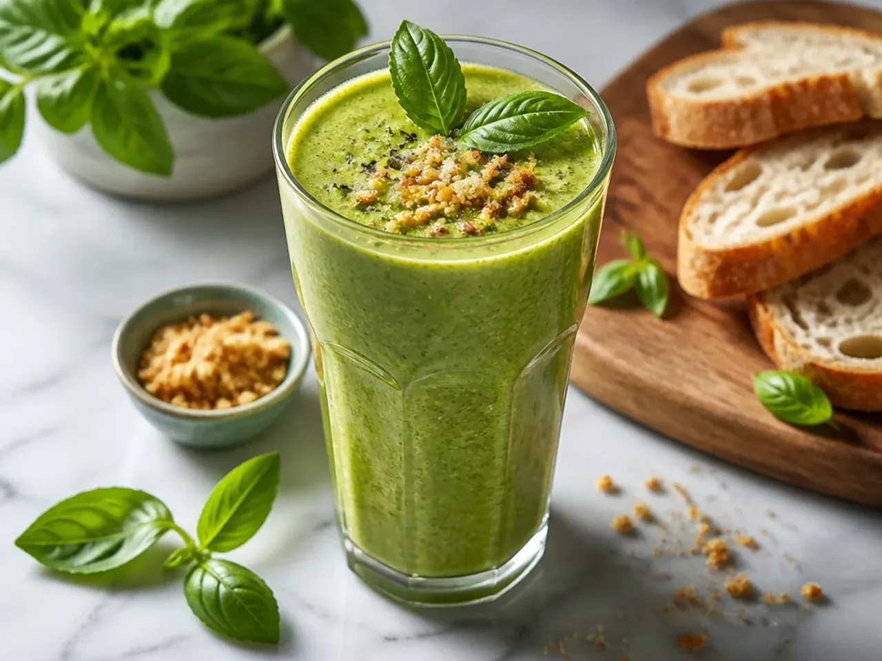 Vibrant green detox smoothie with cucumber slices and mint leaves