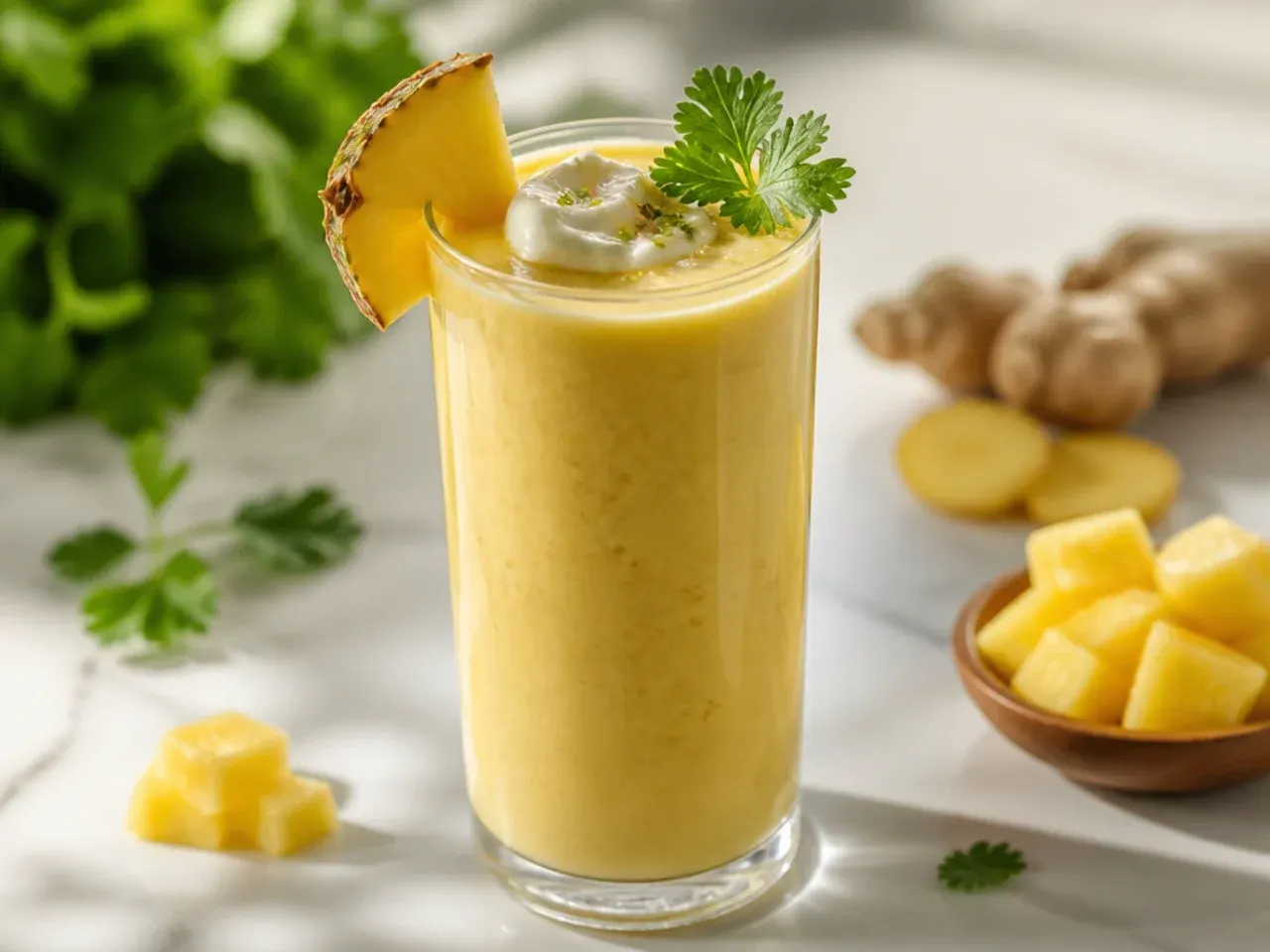 Zesty pineapple and ginger smoothie in a glass with a pineapple wedge garnish