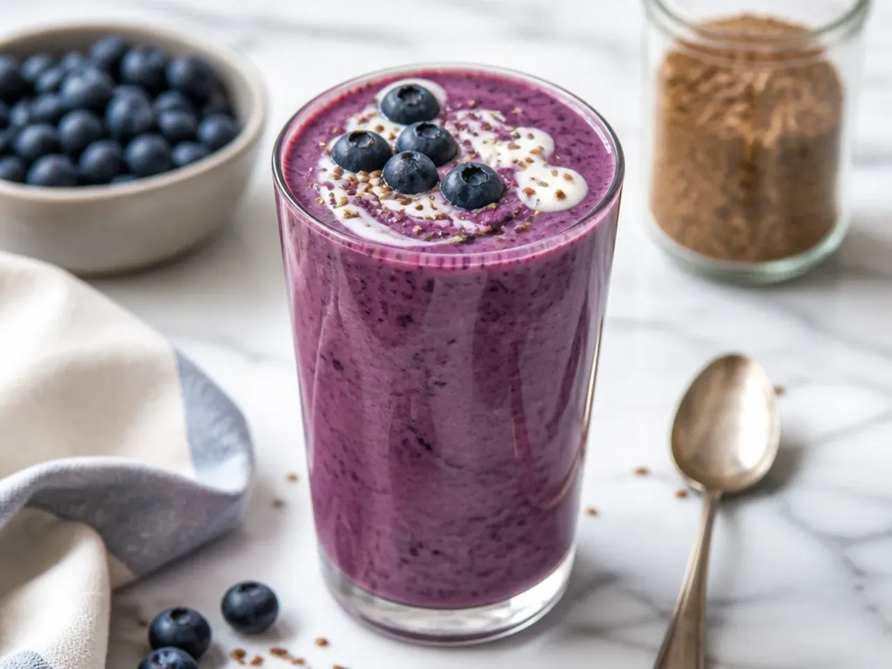 Wholesome blueberry and flaxseed smoothie with a scattering of blueberries on top