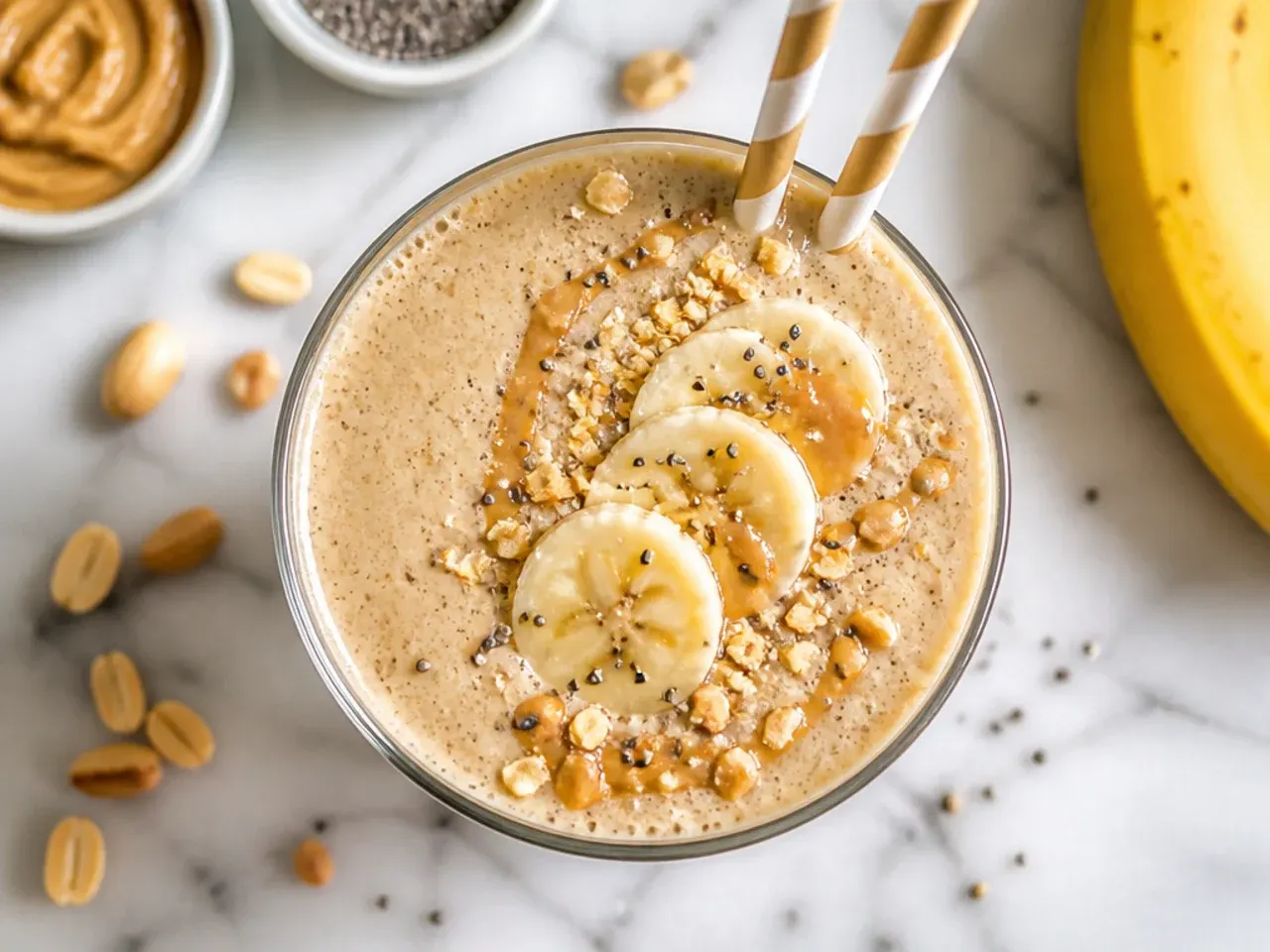 Budget-friendly banana and peanut butter smoothie in a mason jar
